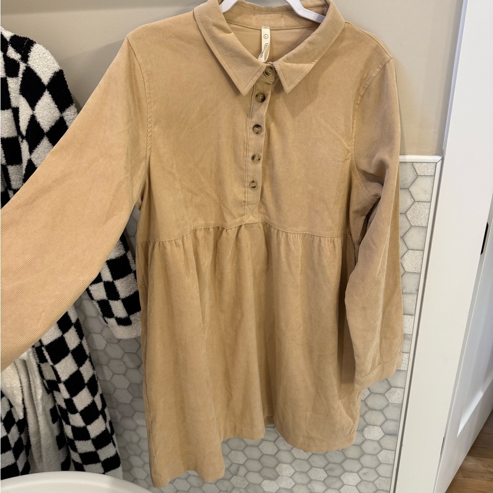 Corduroy Button-Up Long Sleeve Dress